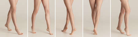 Collage with slender female legs isolated over gray studio background. Concept of natural beauty, fashion, ad, health treatment, medicineの写真素材