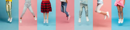 Art collage made of cropped images of jumping kids isolated on multicolor studio background. Human emotions, facial expression conceptの写真素材