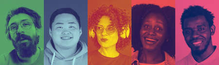 Collage of young multiethnic men with bright facial expression on multicolored background. Trendy, modern duotone effect. Green, red, purpleの写真素材