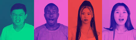 Collage of young multiethnic people with bright facial expression on multicolored background....