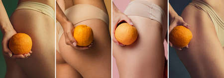 Collage of cropped images of slim young beautiful womans body in lingerie posing isolated over dark studio background. Natural beauty, anti-cellulite treatment concept.の写真素材