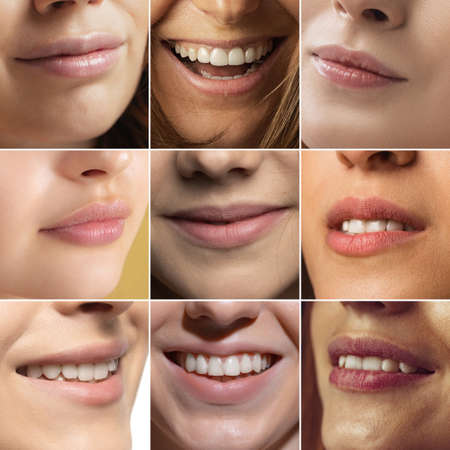 Collage of close-up female lips with nude makeup. Concept of natural beauty, cosmetics, anti age treatment, wellness. Square compositionの写真素材