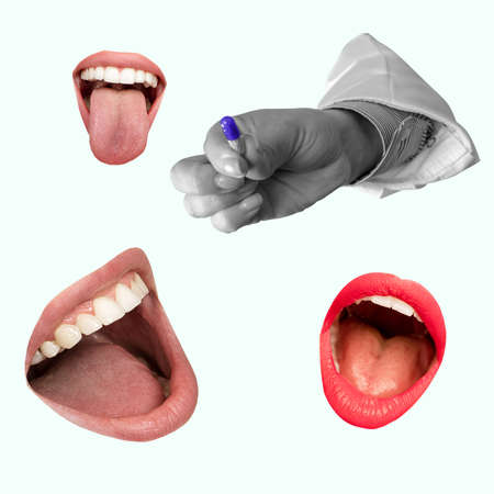 Contemporary art bcollage. Composition with doctor hand and female open mouthes. Concept of health care, community, covid-19, symbolism, surrealism. Helathy lifestyle, medicineの写真素材