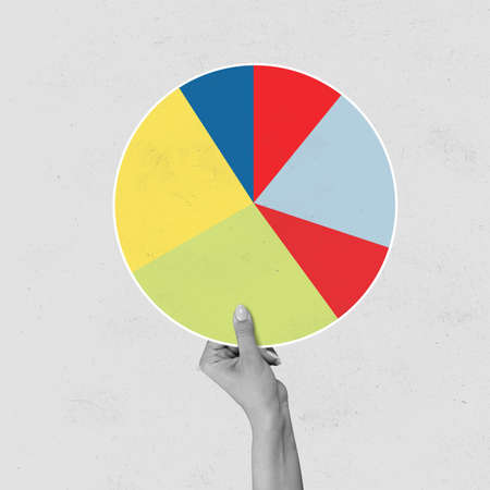 Collage, business concept. Composition with male hand holding muclticolored diagram isolated on light background.の写真素材