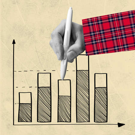 Collage, business concept. Composition with male hands drawing graphic charts with pen isolated on light background.の写真素材
