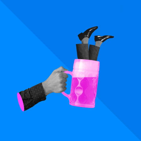 Human hand with beer glass and protruding legs. Contemporary art collage, modern artwork. Concept of idea, inspiration, creativity and beauty. Surrealismの写真素材