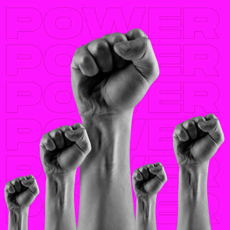 Contemporary minimalistic artwork in neon bold colors with human hands showing fists. Surrealism creative wallpaper. Psychedelic design pattern.の写真素材