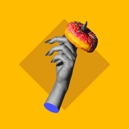Contemporary modern art collage in pop-art style. Hand with glaze donut isolated on purple background with copyspace for ad, contrastの写真素材