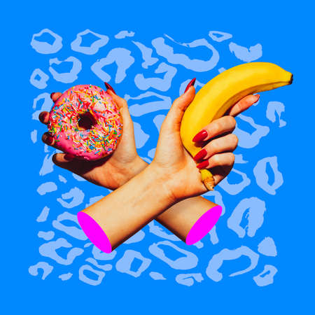 Contemporary modern art collage in pop-art style. Two hands with glaze donut and banana isolated on blue background with copyspace for ad, contrastの写真素材
