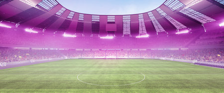 Full stadium and neoned colorful flashlights background. Concept of sport, competition, winning, action and motion. Empty area for championships, your ad, designの写真素材