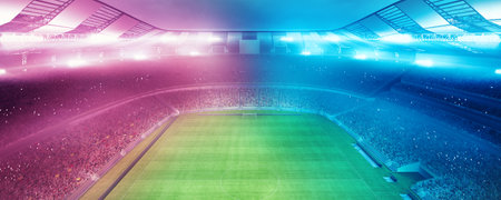 Full stadium and neoned colorful flashlights background. Concept of sport, competition, winning, action and motion. Empty area for championships, your ad, designの写真素材