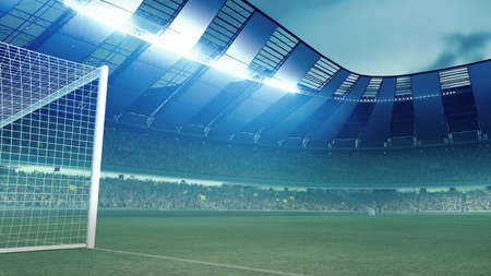 Full stadium and neoned colorful flashlights background. Concept of sport, competition, winning, action and motion. Empty area for championships, your ad, designの写真素材