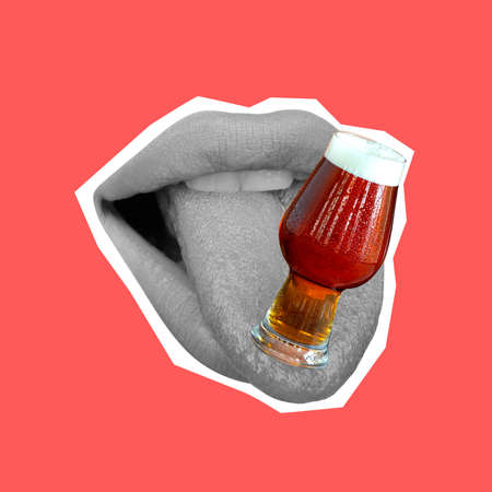 Contemporary art composition with open female mouth and glass of dark cold foamed beer. Concept of...