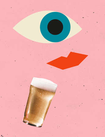 Contemporary art collage, modern design. Holiday mood. Composition with painted human eye and lips looking at glass with light foamed beer on pink background.の写真素材