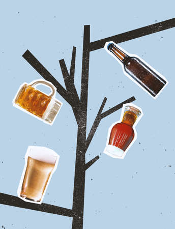 Contemporary art collage, modern design. Retro, minimalism style. Autumn tree with beer bottles and...