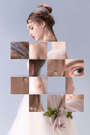 Contemporary picture-puzzle. Young woman in art action isolated on white background. Retro style, comparison of eras concept.の写真素材