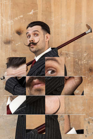 Close-up portrait of young man in the image of greatest painter, artist isolated on light background. Retro style, comparison of eras concept. Modern design. Sliding puzzleの写真素材