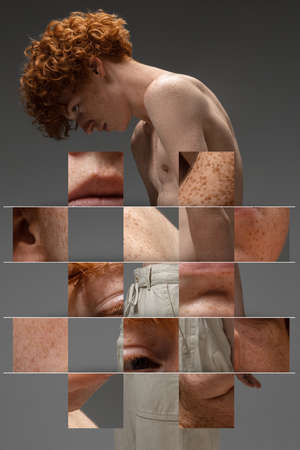 Portrait of handsome redhead man isolated on grey studio background. Concept of beauty, skin care, fashion and style. Collage, sliding puzzleの写真素材