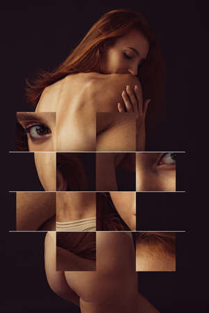 Collage, sliding puzzle. Portrait of young beautiful slim tanned red headed woman in lingerie posing isolated over dark studio background. Natural beauty concept.の写真素材