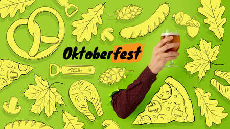 Contemporary art collage with hand holding beer glass with light, lager cold foamy beer. Concept of festival, national traditions, taste, drinks and holidays, octoberfestの写真素材
