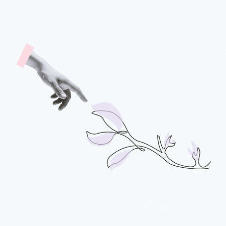 Contemporary art collage, modern creative design. Composition with hand touching branch of tree....