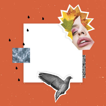 Greeting card design. Minimalism, contemporary art collage. Inspiration, idea, trendy urban magazine style. Autumn mood, beauty and nature concept.の写真素材