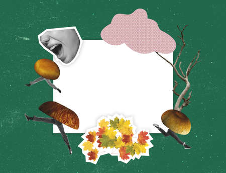 Minimalism, contemporary art collage. Surrealism. womans mouth catches running mushrooms. Autumn...