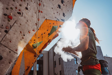 Young man professional rock climber practicing at training center in sunny day, outdoors. Concept of healthy lifestyle, activityの写真素材