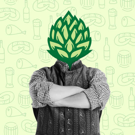 Composition with man dressed in bavarian holiday costume headed of wild hop isolated on light background. Creative collage. Surrealismの写真素材