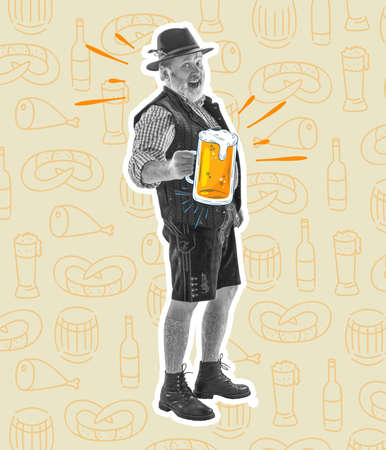 Senior happy smiling man with beer dressed in traditional Austrian or Bavarian costume holding mug of beer at pub or studio. Contemporary collageの写真素材