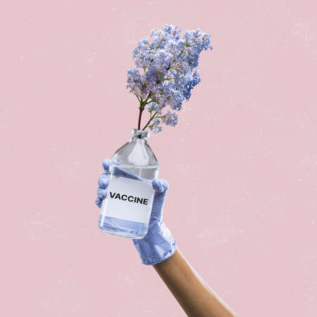 Hand aesthetic in protective glove holding tube, bottle with vaccines on light background, artwork....