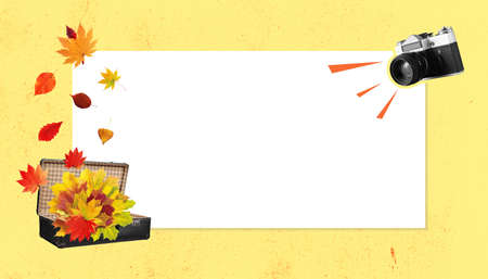 Minimalism, contemporary art collage. Inspiration, idea. Seasons mood, beauty and nature concept. Attributes, symbols of autumnの写真素材