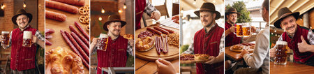 Collage of images of Caucasian bearded man, owner of restaurant in traditional Bavarian festive costume greeting customers, visitors at bar, cafe, pub. Oktoberfestの写真素材