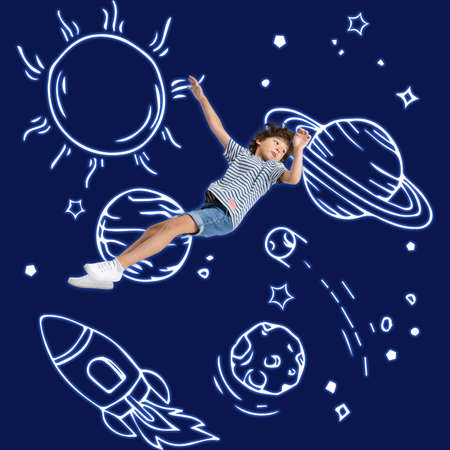 Conceptual artwork with little boy in huge white astronaut helmet flying in drawn outer space. Ideas, inspiration, imagination. Collageの写真素材