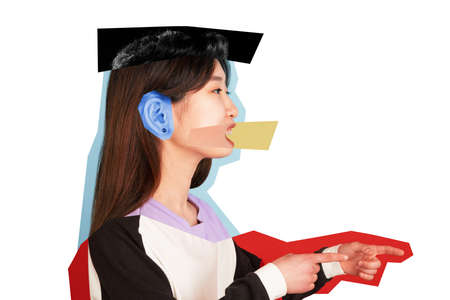 Young womans portrait made of different pieces of faces and body, modern art collage. Magazine style, contemporary view of emotions, feelings.の写真素材