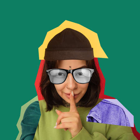 Modern art collage. Young womans portrait made of different pieces of faces and body. Magazine style, contemporary view of emotions, feelings.の写真素材