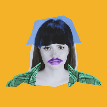 Young womans portrait made of different pieces of faces and body, modern art collage. Magazine style, contemporary view of emotions, feelings.の写真素材