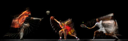 Collage of images of proffesional soccer football, basketball and tennis player in motion isolated on dark background with stroboscoper effect.の写真素材