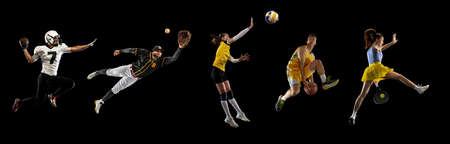 Sportsmen playing basketball, tennis, soccer footbal, volleyball isolated on black background....