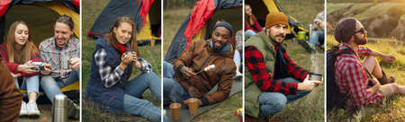 Collage. Party, camping of men and women group at forest. They relaxing and eating barbecue against green grass. The vacation, autumn, adventure, lifestyle, picnic conceptの写真素材