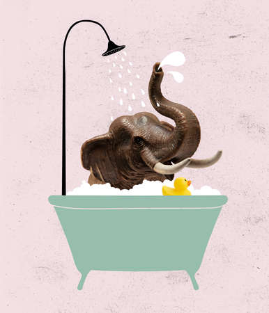 Cute gray toy elephant bathing in bath tub with soap foam. Modern design, contemporary art collage. Inspiration, idea, trendy urban magazine style.の写真素材