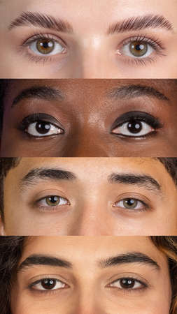 Vertical collage of open eyes of young multiethnic men and women on multicolored background. Concept of youth, unity, equality and diversityの写真素材