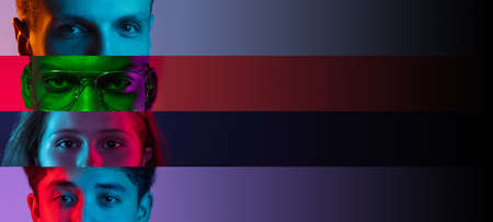 Collage of close-up male and female eyes isolated on colored backgorund with copy space for ads. Multicolored stripes. Concept of equalityの写真素材