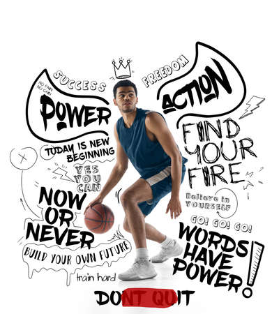 Artwork. Sportive african-american man, male basketball player in motion and action with ball isolated on white background with lettering, graphicsの写真素材