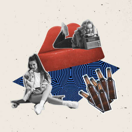 Contemporary art collage with young girls meeting together and drinking light frothy beer. Concept of festival, national traditions, taste, drinks and holidays.の写真素材