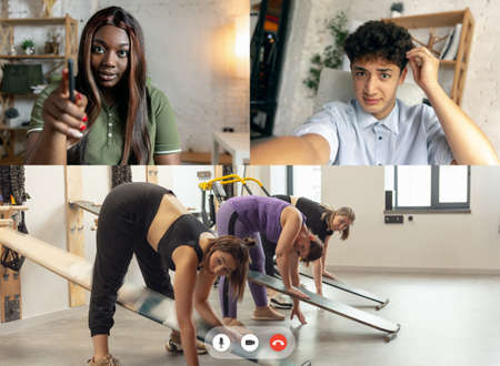 Group training. Collage with young multiethnic people, men and women watching online women trainings, lessons using video app, PC and laptop screenの写真素材