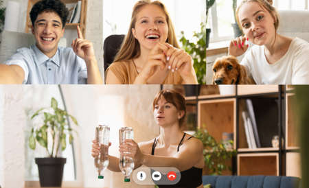 Group of young people, men and women watching online sport trainings, lessons using video app. PC,...