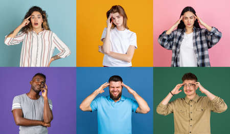 Collage of group of multiethnic young people on multicolored background. Concept of emotions, facial expressions.の写真素材
