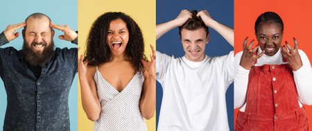 Portraits of group of multiethnic young people on multicolored background. Concept of emotions, facial expressions. Collageの写真素材