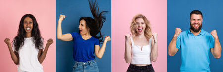 Portraits multiethnic young people on multicolored background. Concept of emotions, facial expressions. Collageの写真素材